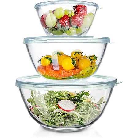 WhiteRhino Glass Mixing Bowls with Lids Set of 3（4.5QT,2.7QT, 1.1QT), Large Kitchen Salad Space-Saving Nesting Bowls, Round Serving Bowls for Cooking,Baking,Prepping,Dishwasher Safe