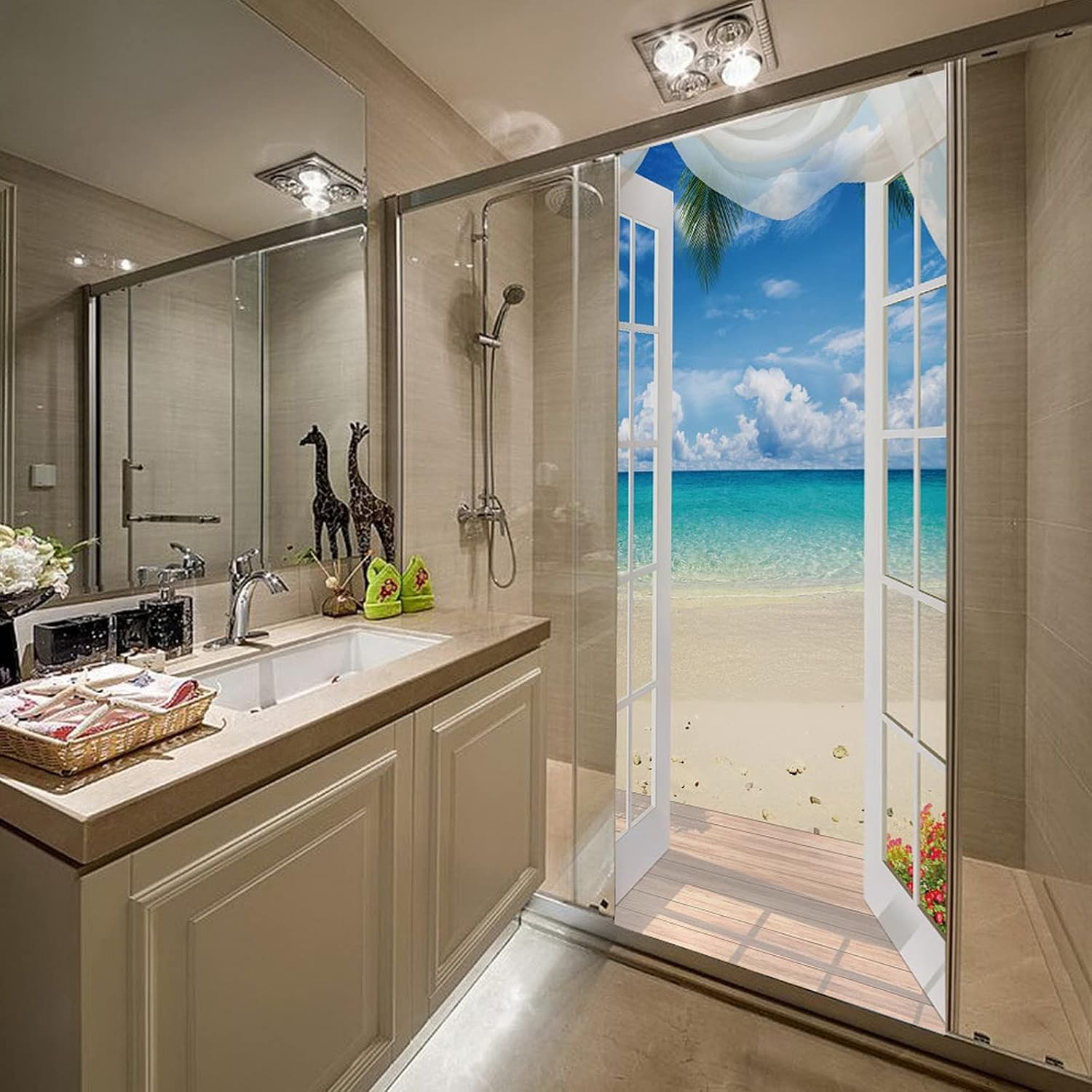 A.Monamour 3D Door Stickers for Interior Doors Sandy Beach Blue Ocean View from Open Door Vinyl Waterproof Self Adhesive Door Mural Decals for Bedroom Office Bathroom 85 x 200 cm
