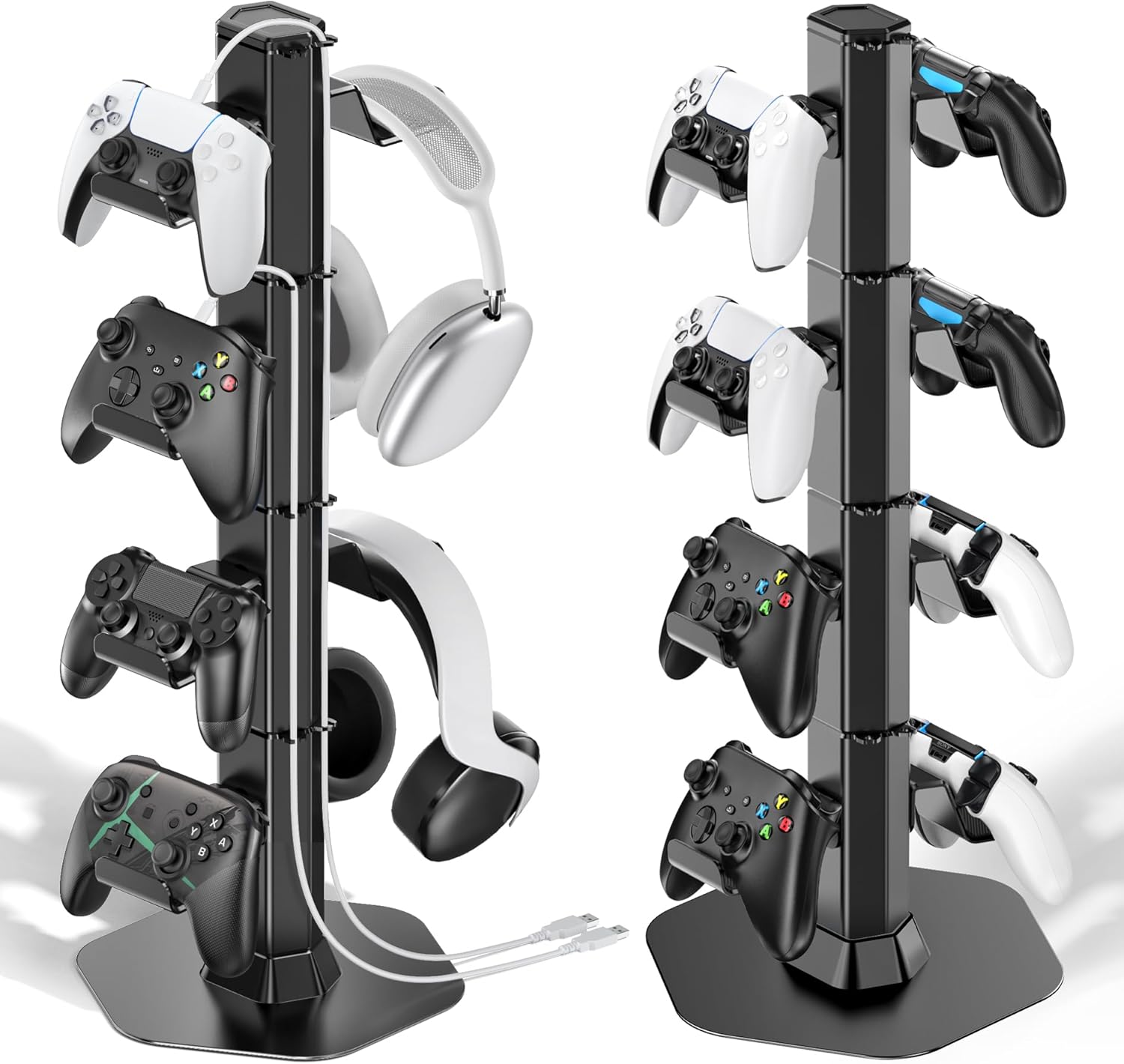 Controller & Headset Holder Stand for Desk, with Charger Cable Organizer Headphone Stand for PS5/ Xbox/ PS4/ Switch, Metal Base Controller Hanger Hook for Storage Earphones, Game Console, Mobile Phone