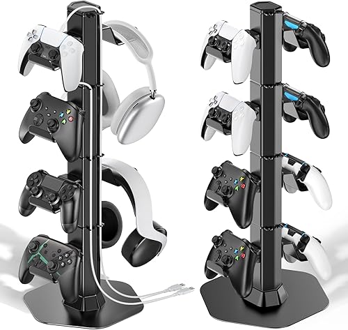 Controller & Headset Holder Stand for Desk, with Charger Cable Organizer Headphone Stand for PS5/ Xbox/ PS4/ Switch, Metal Base Controller Hanger