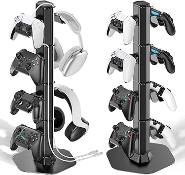 Controller & Headset Holder Stand for Desk, with Charger Cable Organizer Headphone Stand for PS5/ Xbox/ PS4/ Switch, Metal Base Controller Hanger Hook for Storage Earphones, Game Console, Mobile Phone