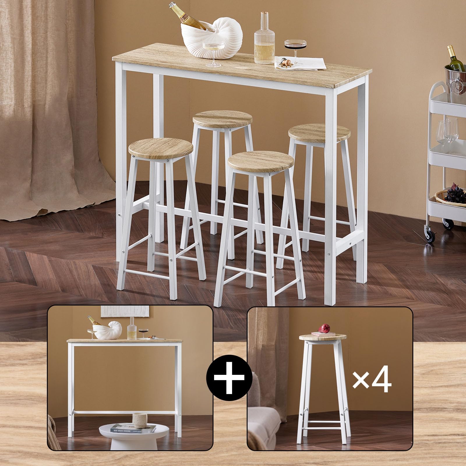 SoBuy Table Haute Mange Debout avec 4 Tabourets, Table de Bar Bistrot en Bois pour Cuisine 4 Personnes, Salon, Jardin et Extérieur Blanc-Naturel 120×100×40cm OGT22-WN