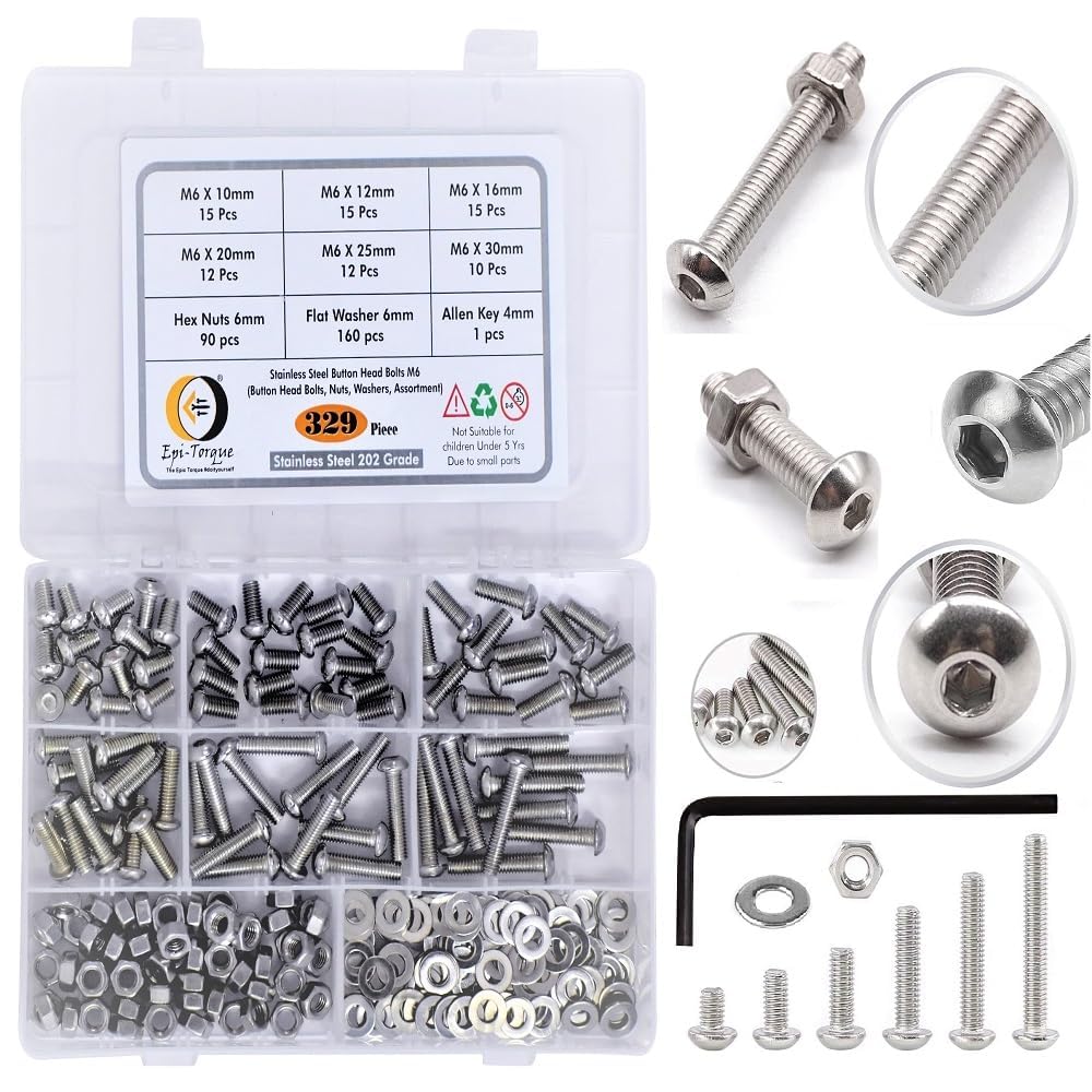 Stainless Steel 202 Grade Button Head Allen Key Bolt M6 Assortment with Matching Nuts, Washer & Allen Key Pack of 329 Pcs