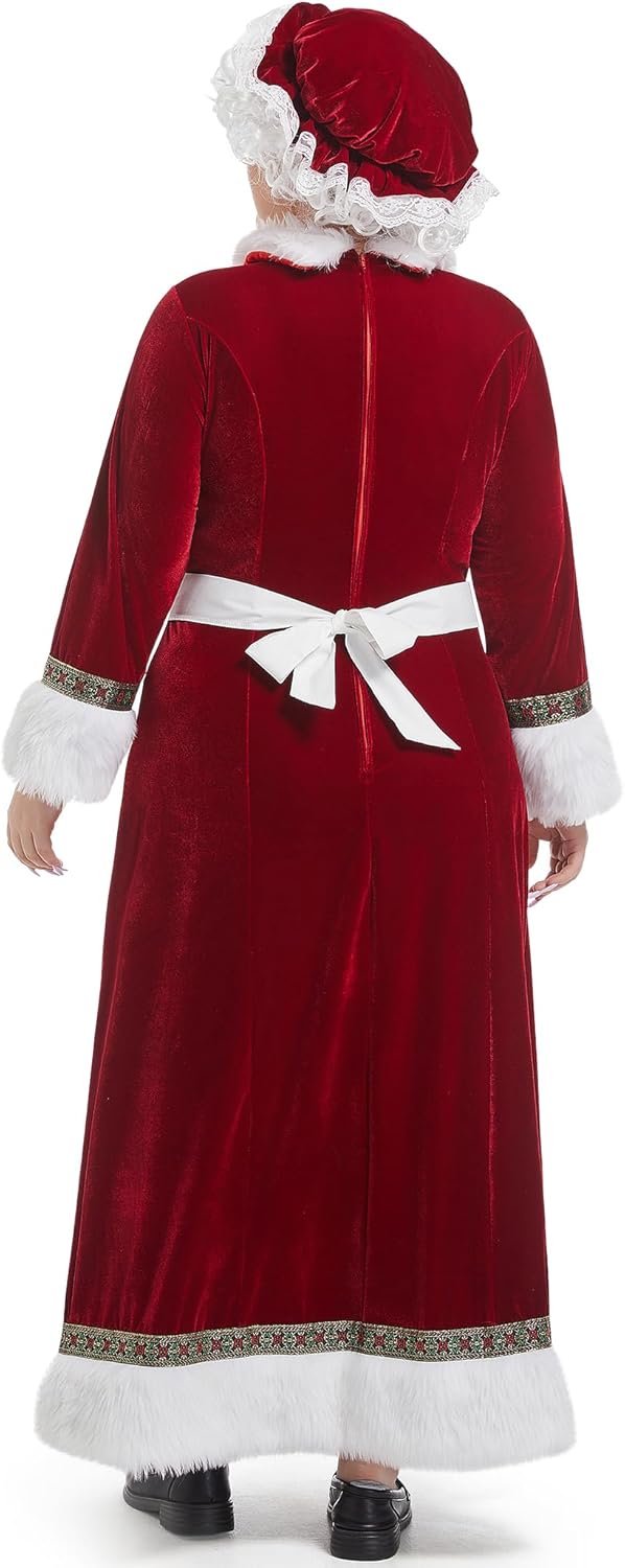 Mrs Claus Costume Adult Women Christmas Miss Santa Clause Dress 5PCS Velvet Deluxe Plus Size Cosplay Party Outfit