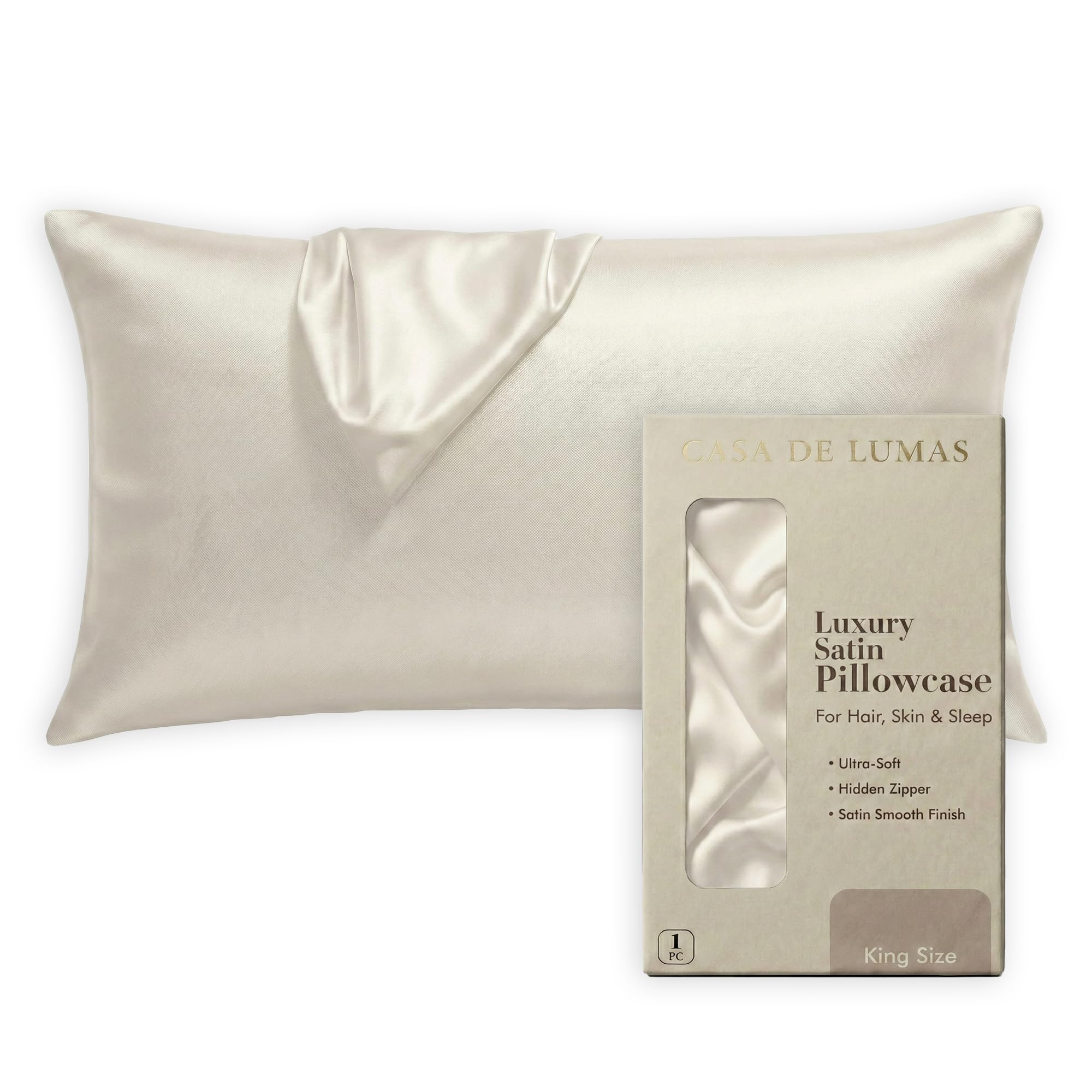 Casa de Lumas Satin Pillowcase - Luxury Soft Satin Pillow Cover with hidden Zipper, Silk-Like Smooth Feel, Gentle on Hair, Anti frizz, Skin & Sleep Comfort (Ivory, King U.K. 51x91cm)