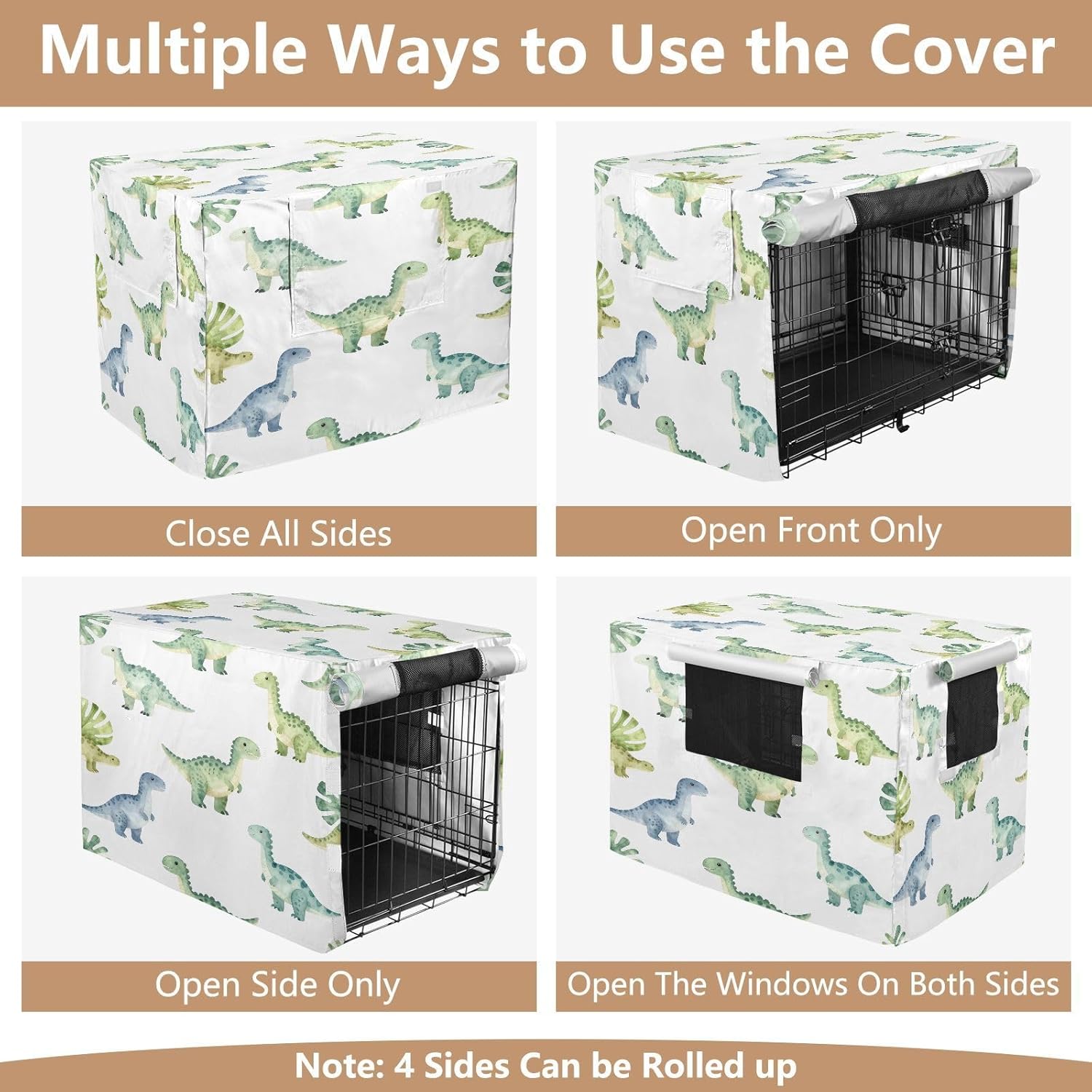 Tropical Dinosaurs Watercolor Dog Crate Cover 600D Oxford Pet Kennel Cover with Mesh Window for Dog Cages, Windproof Waterproof Machine Washable, 48"x30"x33"