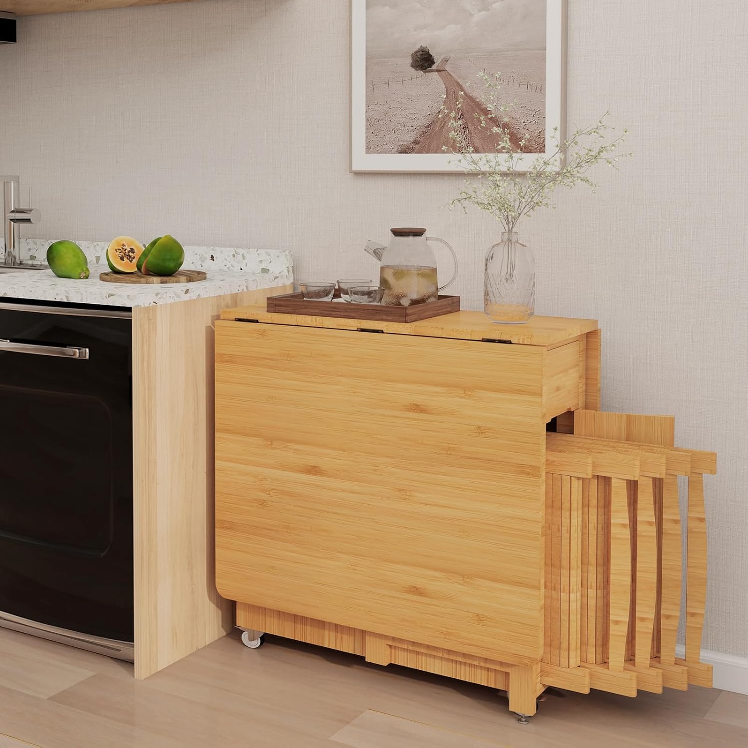 Generic Folding Bamboo Dining Table Set in its compact, folded state, positioned next to a kitchen counter.