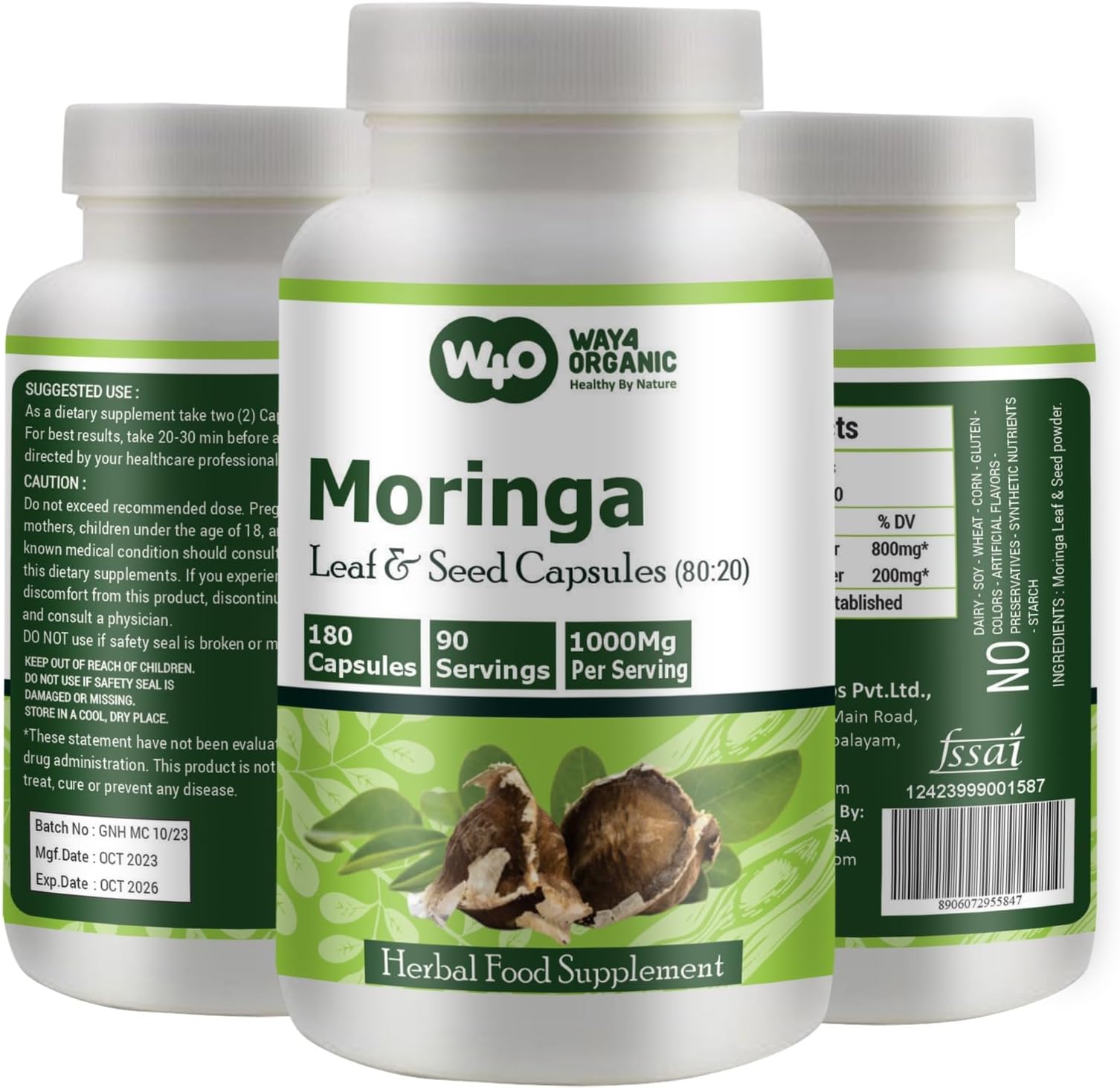 Moringa Oleifera Leaf and Seed Powder (80:20) Ratio 180 Capsules, 90 Servings, 1000 mg. Malunggay Leaf and Seed Powder, Green Superfood. Pack of 1.