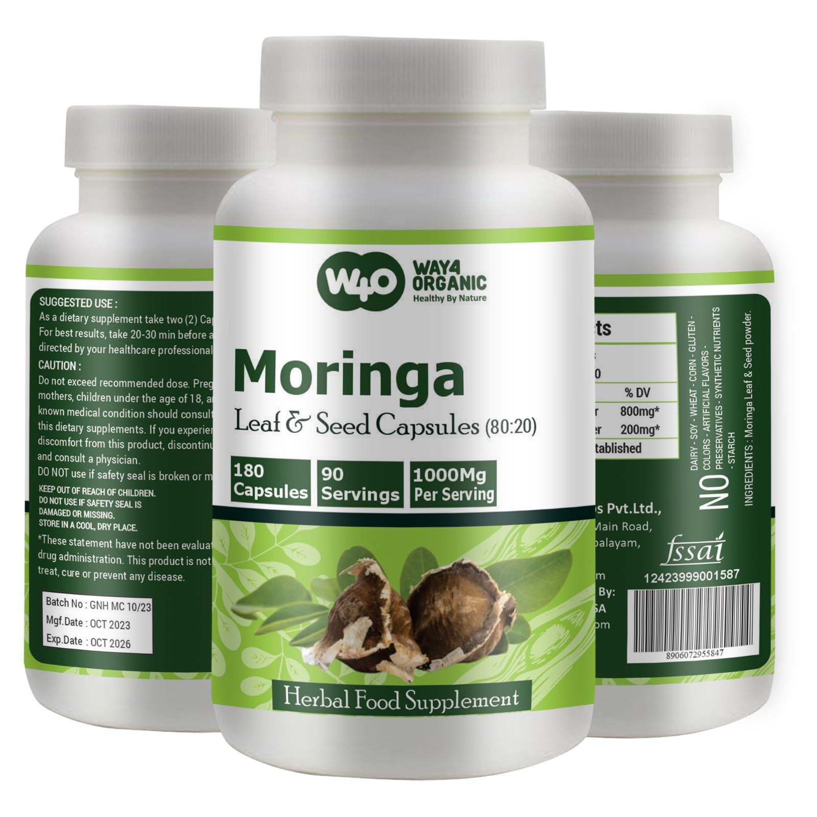Moringa Oleifera Leaf and Seed Powder (80:20) Ratio 180 Capsules, 90 Servings, 1000 mg. Malunggay Leaf and Seed Powder, Green Superfood. Pack of 1.