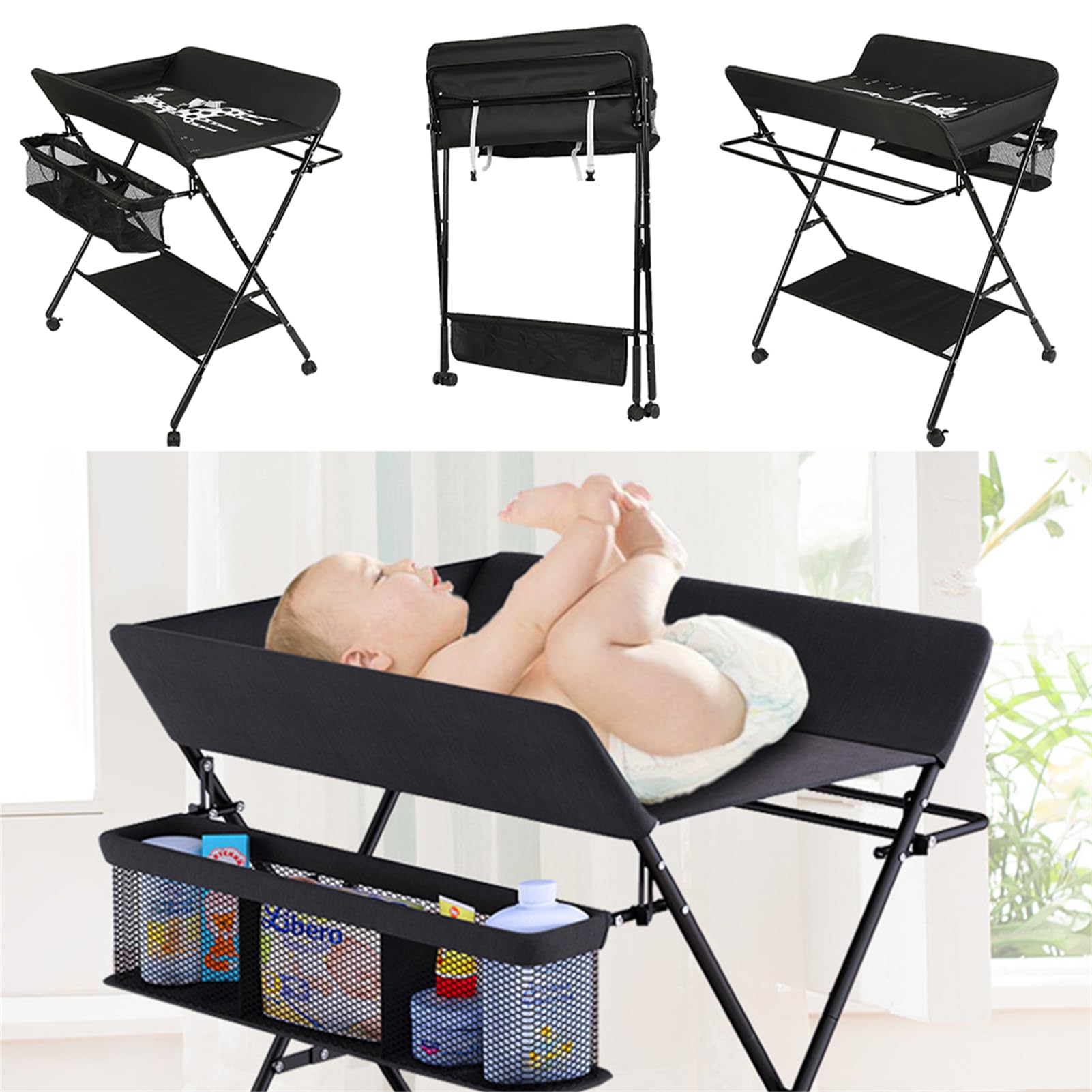 Homewell Cambiador de bebé plegable, con cambiador, cinturón de seguridad, compartimentos, bonito patrón e indicación de altura, estable y cómodo (negro)