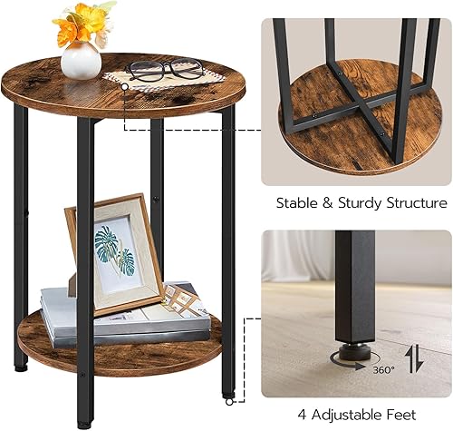 Miniatura 6 de HOOBRO Mesa auxiliar redonda, mesa auxiliar de aspecto de madera para sofá, mesita de noche redonda con estante de almacenamiento de 2 niveles, para