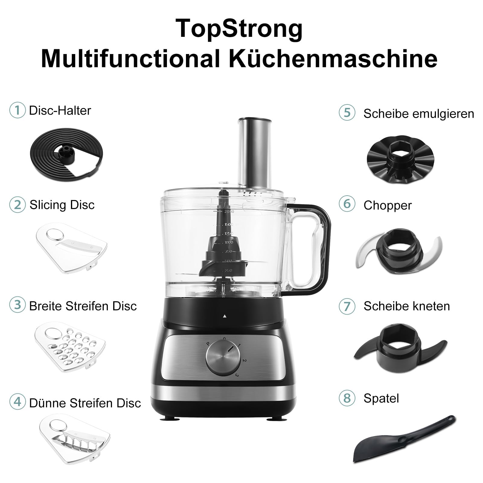 TopStrong Multifunktions-Küchenmaschine, 6-in-1-Küchenmaschine, 2 l, Multifunktions-Küchenmaschine, Lebensmittelprozessor 800 W, Küchenmaschine multifunktional, Zerkleinerer, Mixer