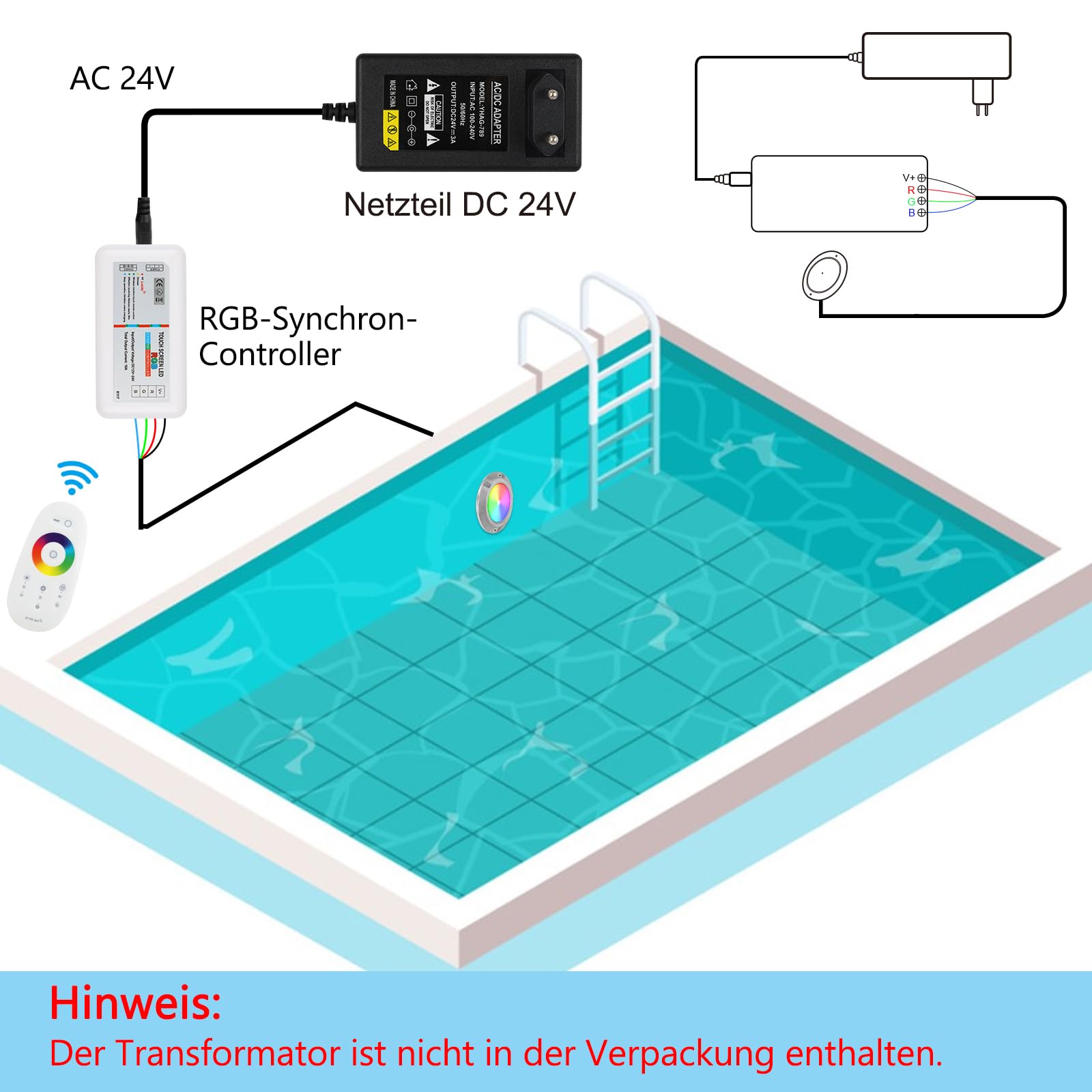 LED Poolbeleuchtung， 36W RGB Edelstahl Poolbeleuchtung Extra Flach， IP68 Unterwasserscheinwerfer Poolscheinwerfer mit Fernbedienung [24V]
