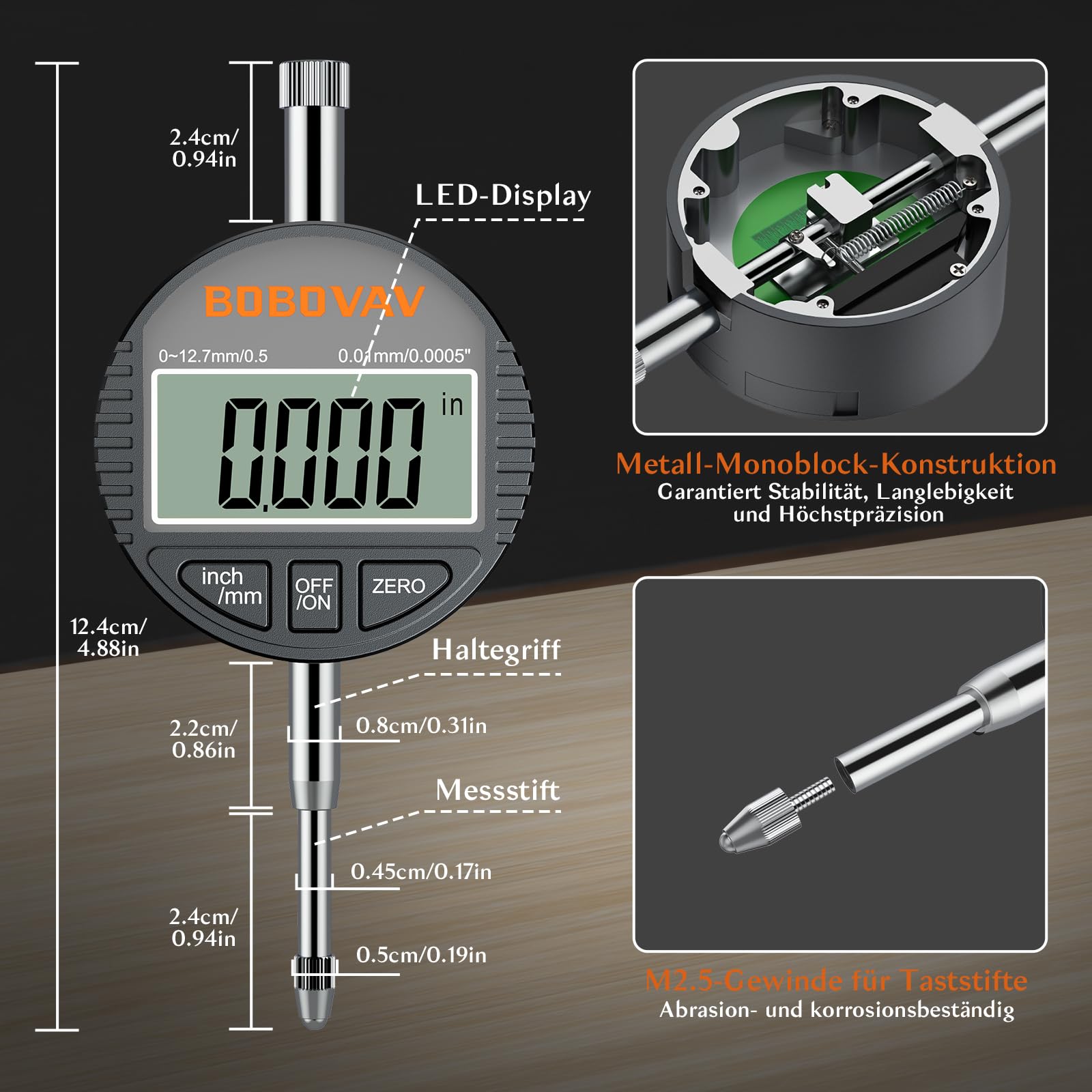 Digital Bohrungslehre Messuhr Set 50-160 mm, Innendurchmesser Messuhr Präzision 0,01 mm Zylinder Messuhr Metrisch/Zoll Anzeige mit 12 Messspitzen für Formabweichungen