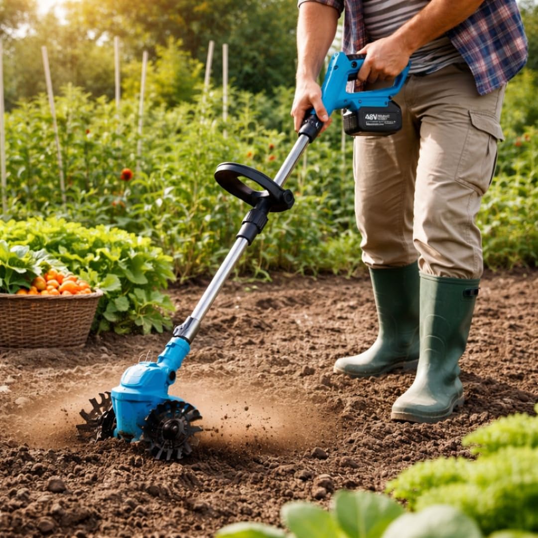 Motozappa Elettrica a Batteria 48V, Zappetta da Giardino Portatile con Asta Regolabile in Acciaio Inox, Attrezzo per Lavorazione e Frantumazione Terreno, 2 Batterie Incluse + Caricatore.