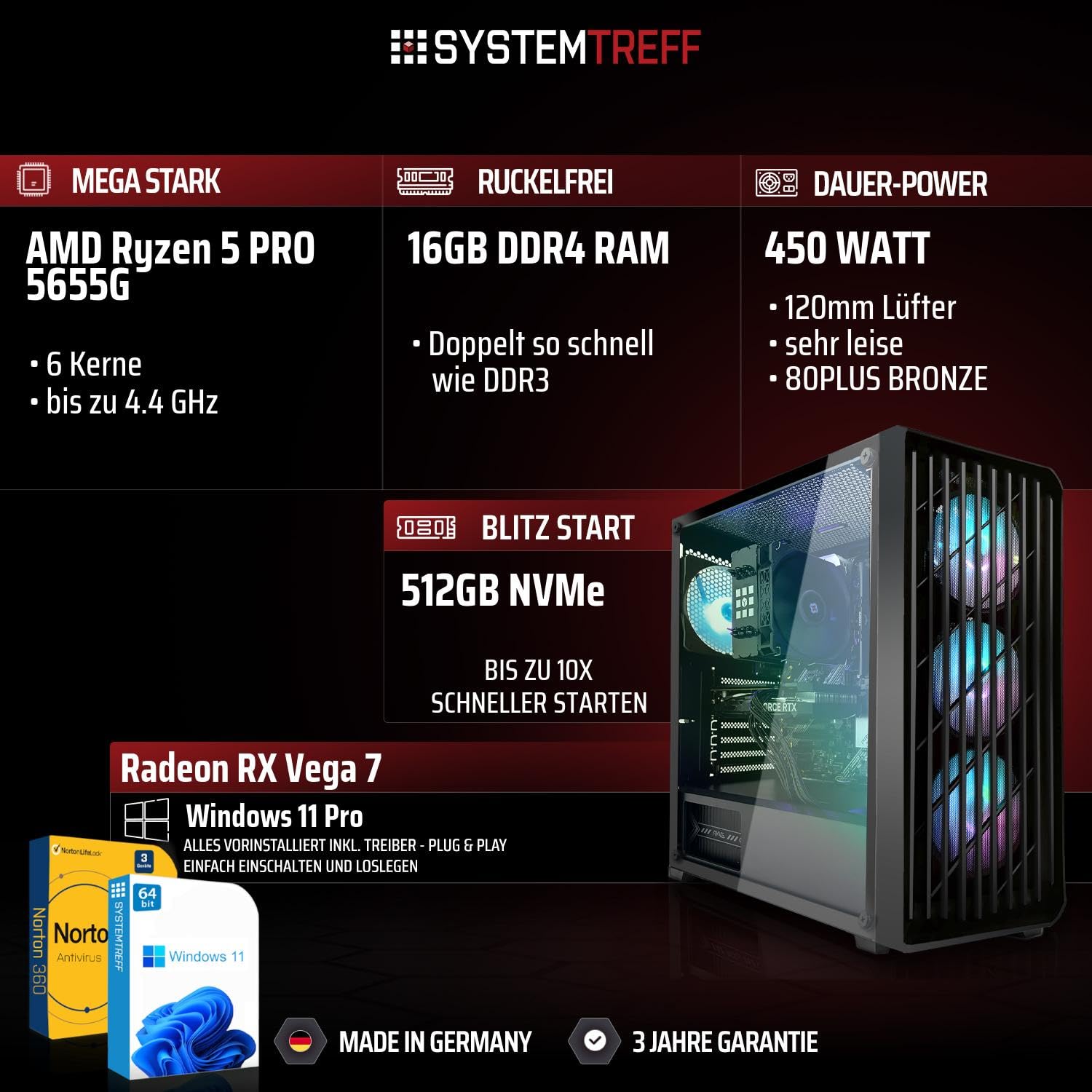 SYSTEMTREFF Basic Gaming Komplett PC Set AMD Ryzen 5 PRO 5655G 6x4.4GHz | AMD RX Vega 7 4K | 512GB M.2 NVMe | 16GB DDR4 RAM | WLAN Desktop Paket Computer für Gamer, Gaming