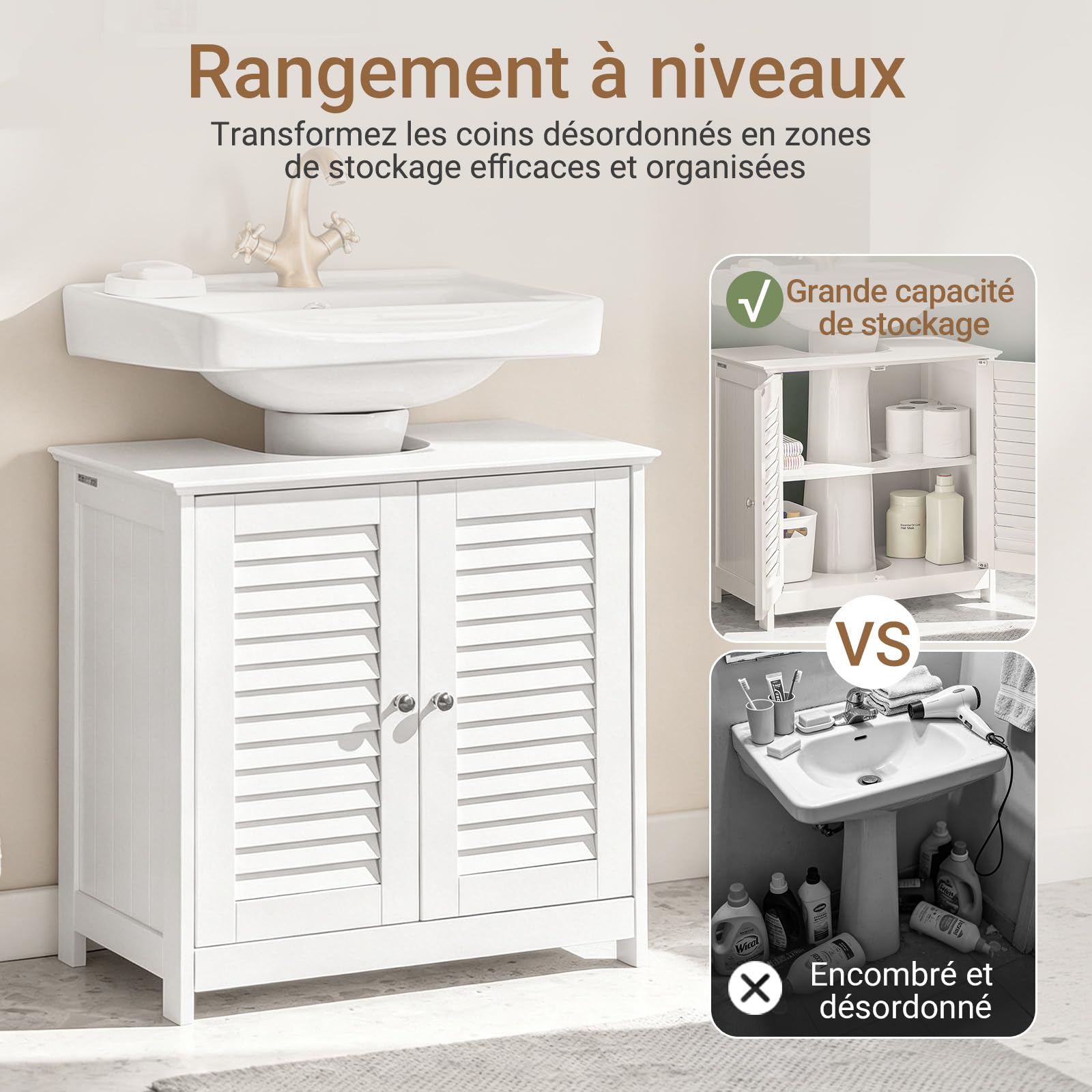 SoBuy Meuble sous Lavabo Salle de Bain pour Lavabos sur Colonne 60x35x58 cm