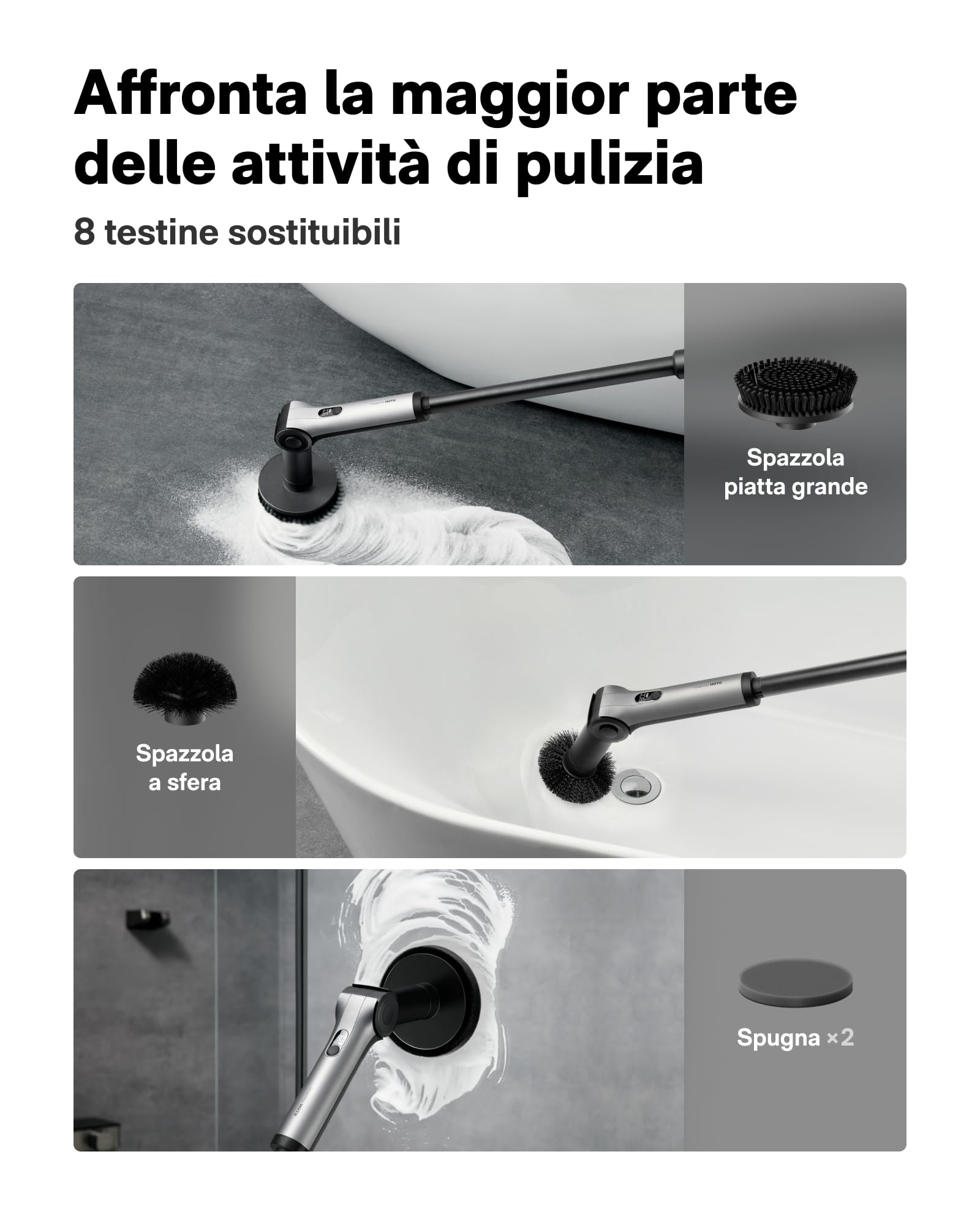 HOTO Flexi™ Spazzola Elettrica Rotante per Pulizia Casa, Angolo Regolabile, Maniglia Estendibile, Display Intelligente, Impermeabile IPX7, 8 Testine Sostituibili, per Bagno Piastrelle Vasca da Bagno