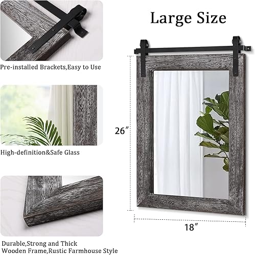 Miniatura 2 de AAZZKANG Espejos grandes para pared, espejo con marco de madera rústica con soporte de metal de 26 x 18 pulgadas, rectangular decorativo para