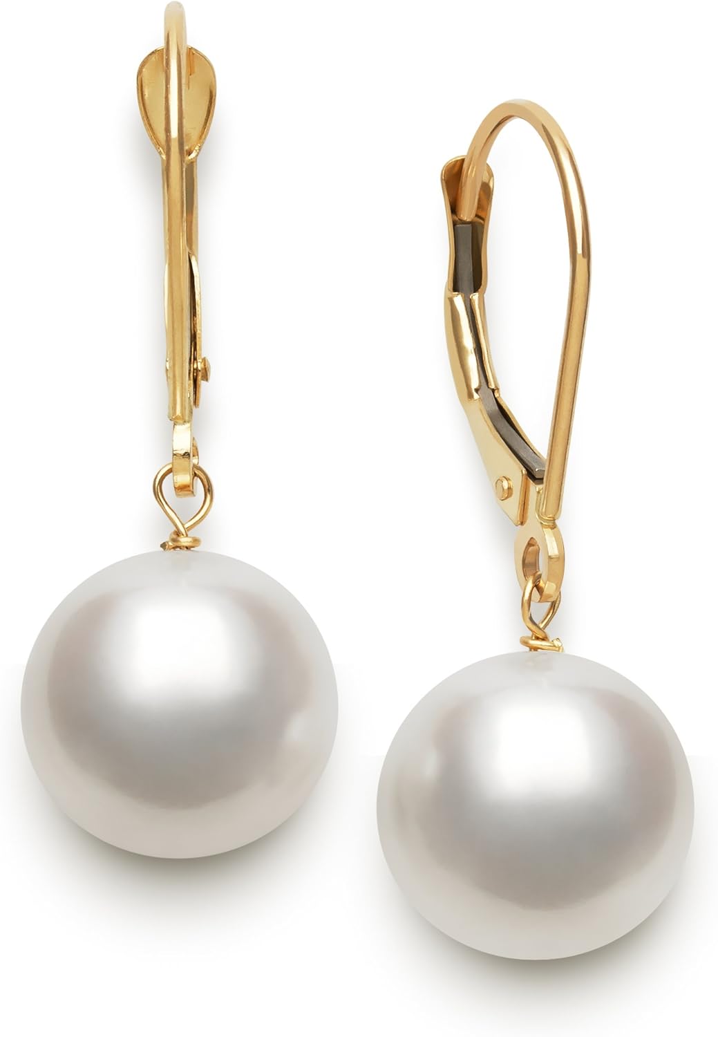 Belacqua White Cultured Freshwater Pearl Round Dangle Drop Earrings in 14K Yellow Gold, Leverback - Closure, Real Pearl Jewelry for Women, Gift Box Included