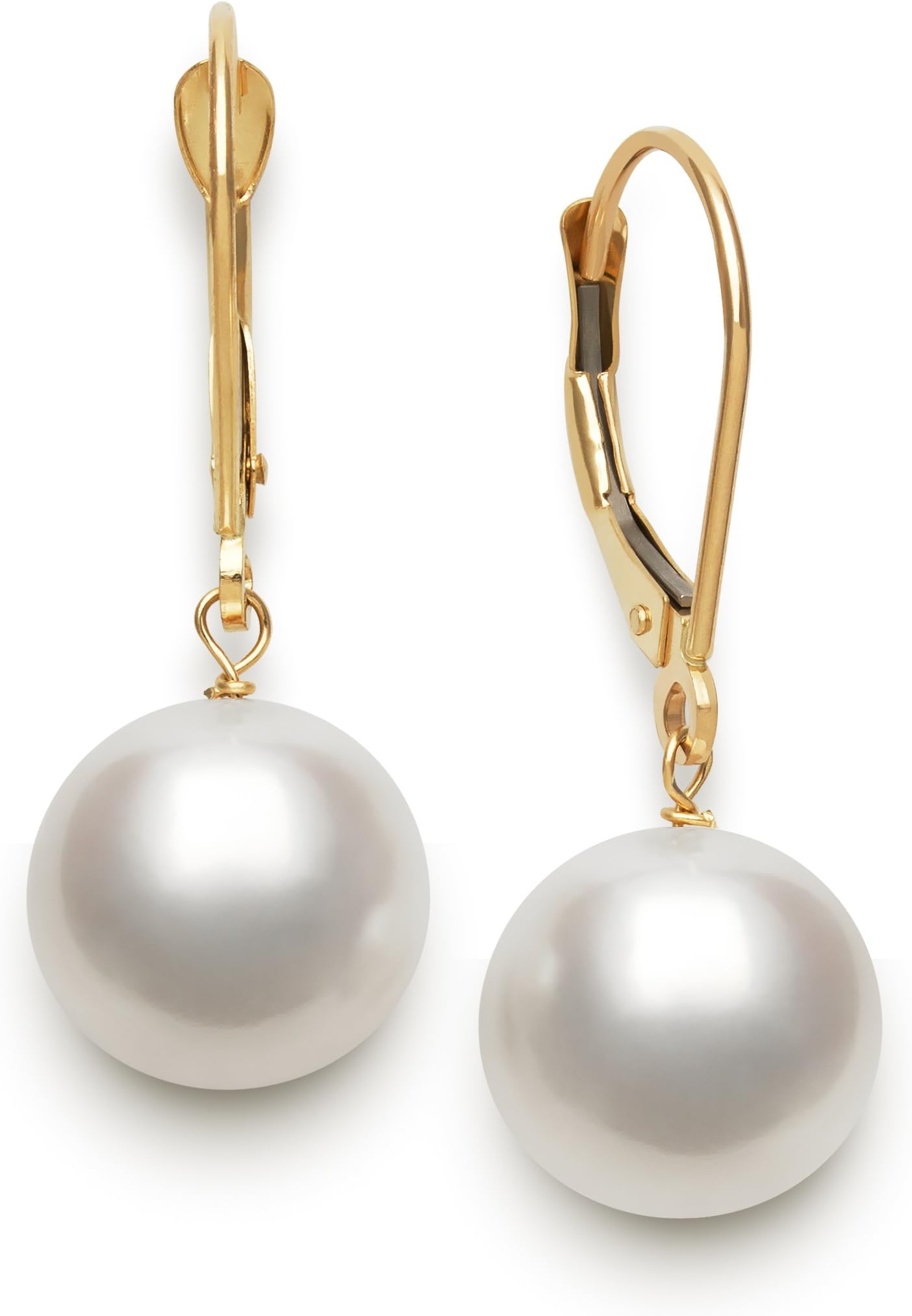 White Cultured Freshwater Pearl Round Dangle Drop Earrings in 14K Yellow Gold, Leverback - Closure, Real Pearl Jewelry for Women, Gift Box Included