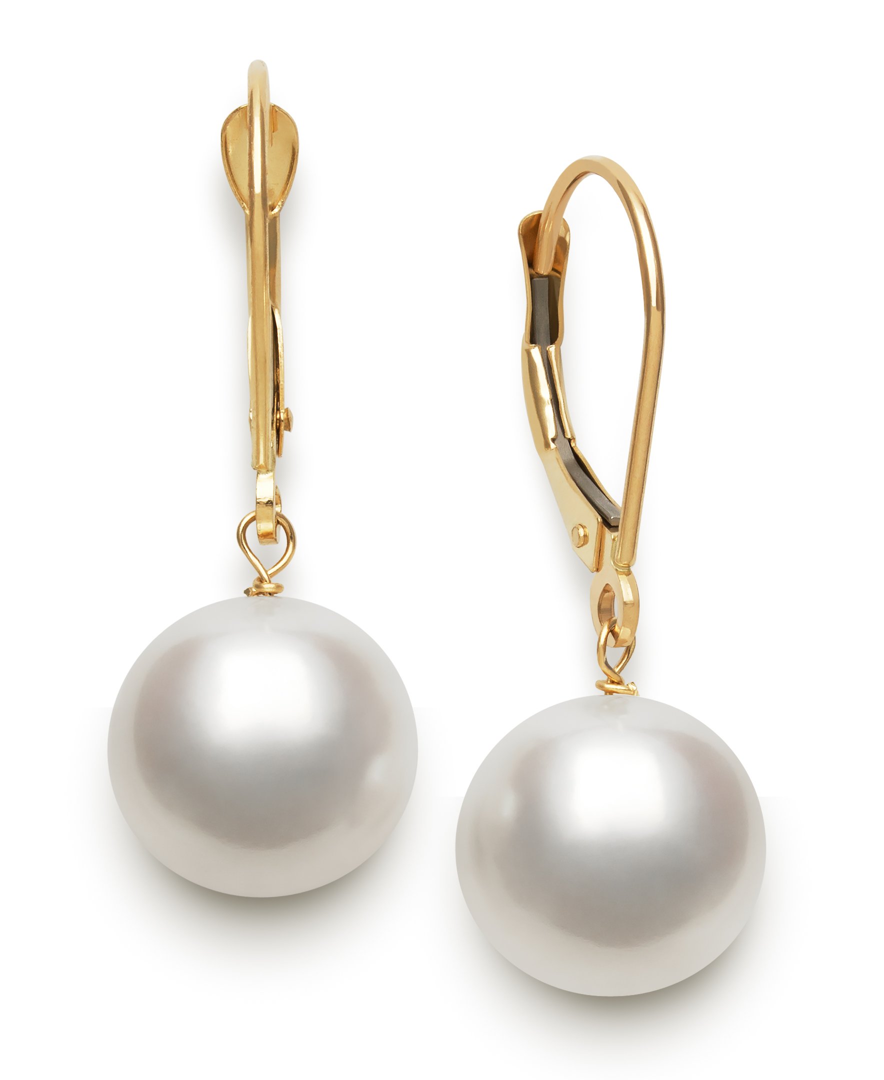 Belacqua White Cultured Freshwater Pearl Round Dangle Drop Earrings in 14K Yellow Gold, Leverback - Closure, Real Pearl Jewelry for Women, Gift Box Included