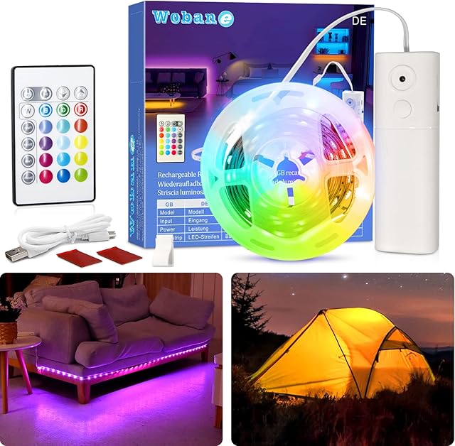 WOBANE Rechargeable RGB LED Strip Lights with Remote Control,2000mAh Battery Powered Strip Light,2m Color Changing Led Lights for Bedroom,Party,Shelf,Sofa,Desk,Game,Holiday,DIY Indoor Decoration