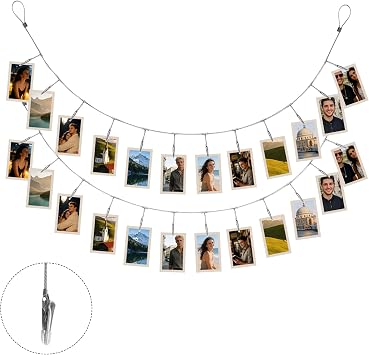 2 Pack Chain Photo Clip Hanging Photo Display Wall Photo Display Metal Photo String with 12 Clips Wall-Mounted Picture Holder for Hanging Painting Family Photos Artworks Silver Color
