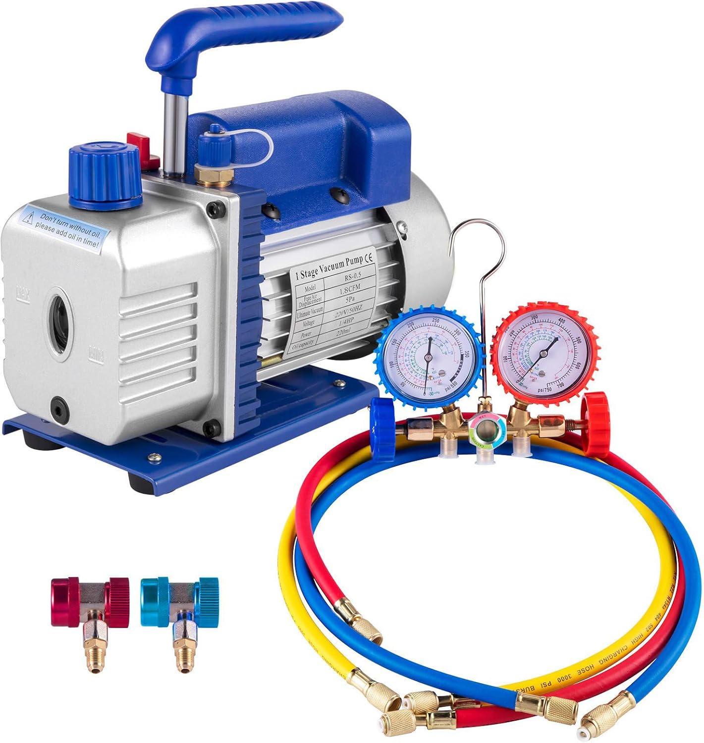 1.8 CFM 1/4HP Single Stage Air Vacuum Pump HVAC R134a R12 R22 R410a A/C Refrigeration Kit AC Manifold Gauge R134 Can Tap Included Carrying Tote (1.8CFM1/4HP)