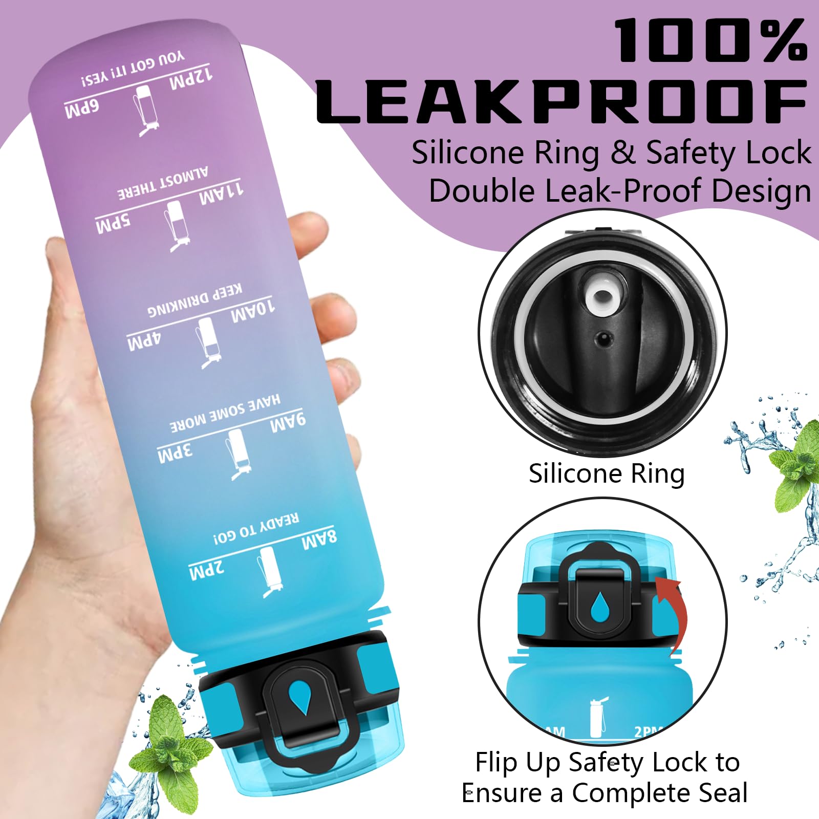 Grsta Borraccia 1 litro, Borraccia con Cannuccia, Senza Perdite, Borraccie Motivazionale, Facile da Pulire, Borracce con Orari per Bere, Bottiglie Acqua per Fitness, Campeggio, Yoga