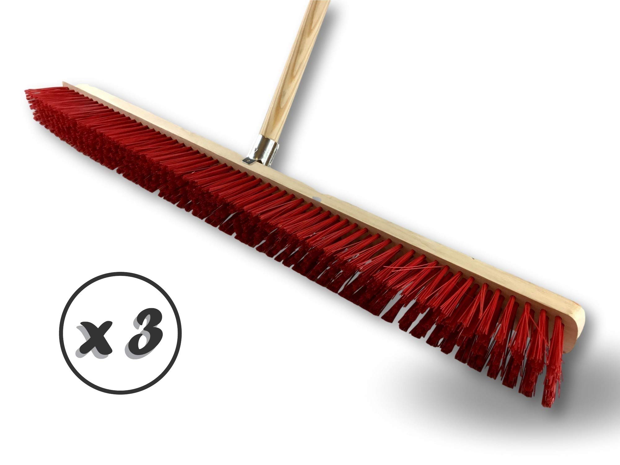 Miotła warsztatowa typu kantonier | Zestaw 3 | Track Outdoor | Długość 100 cm | Wypełnienie szczotką PVC czerwoną | Drewniana podeszwa | Metalowe gniazdo Ø 28 mm | Z uchwytem | Kibros 2390BMx3