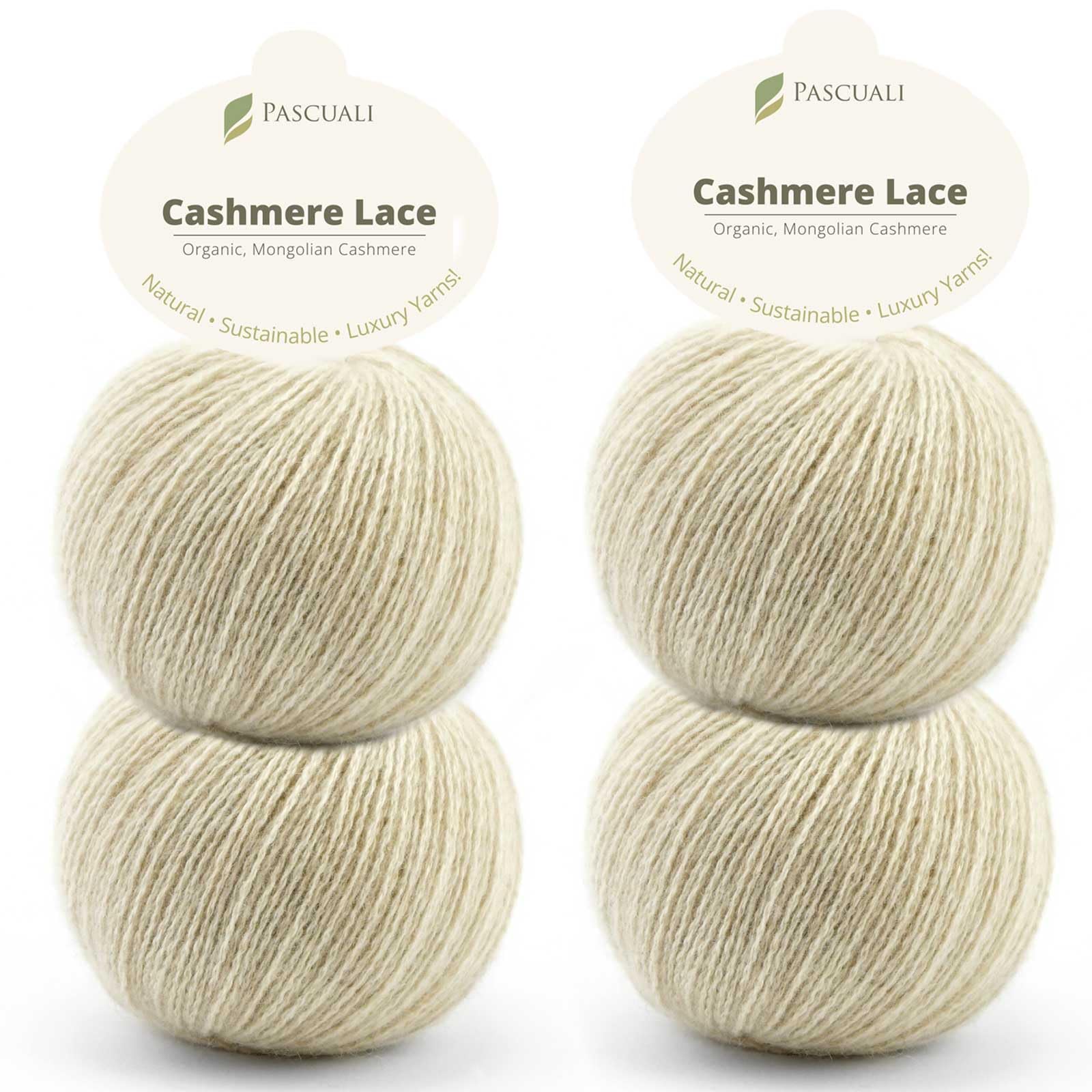 PASCUALI | Bio Cashmere Lace. Strickwolle aus 100% Kaschmirwolle Wolle zum Stricken und Häkeln, SET: 4 Knäuel - 100g - Farbe: Creme 20