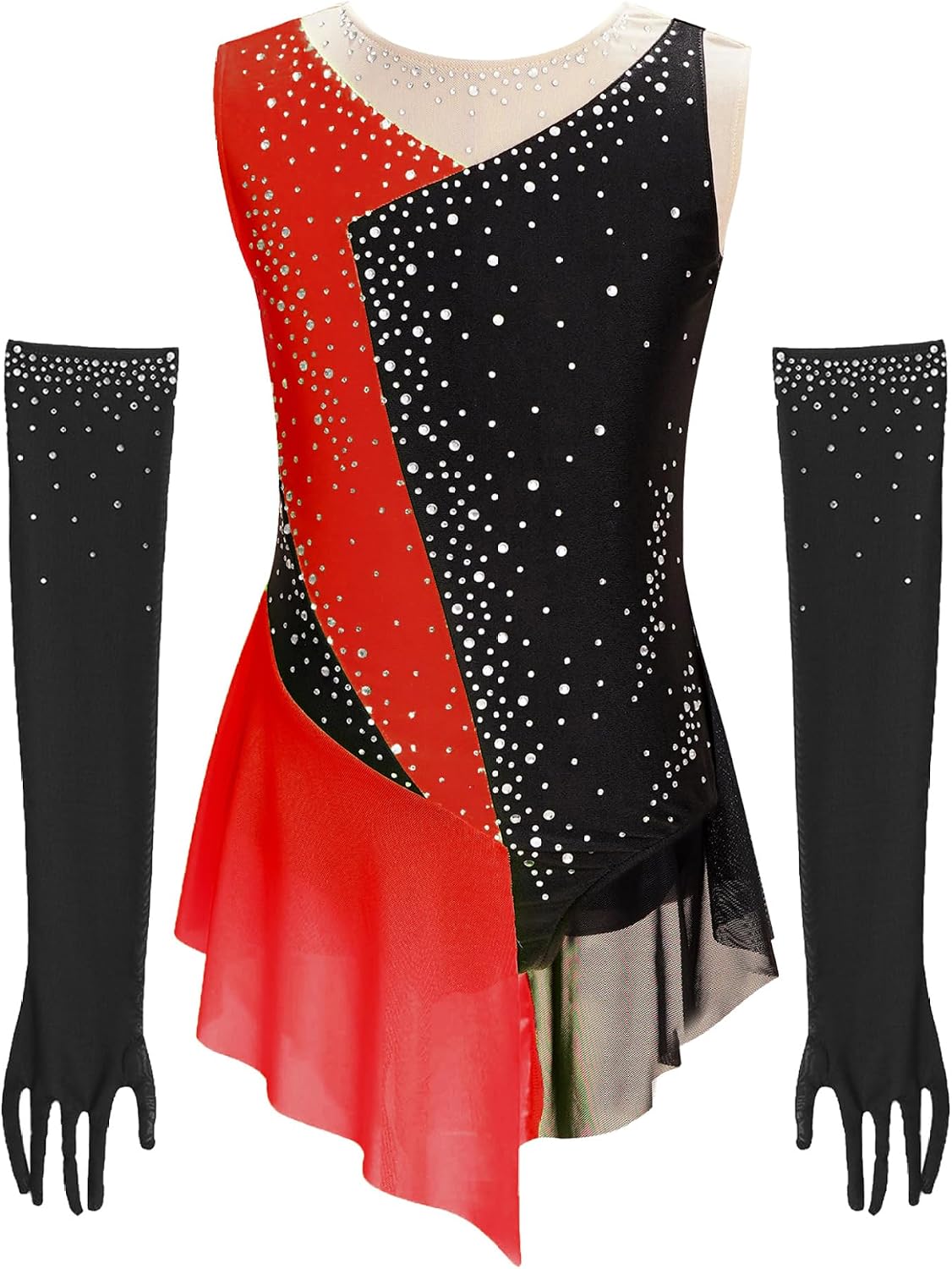 Girls Skating Dress with Gloves Cha Cha Lyrical Dance Costume
