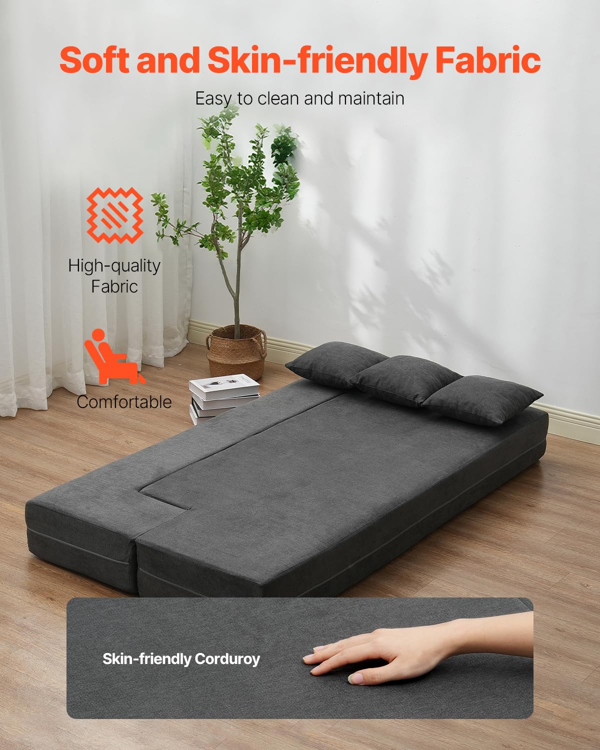 VEVOR Canapé-lit pliant 3 en 1, fauteuil-lit convertible pliable avec 3 oreillers et housse lavable, canapé-lit futon en mousse à mémoire de forme, pour salon, chambre, gris foncé, 103 x 193 cm (Twin)