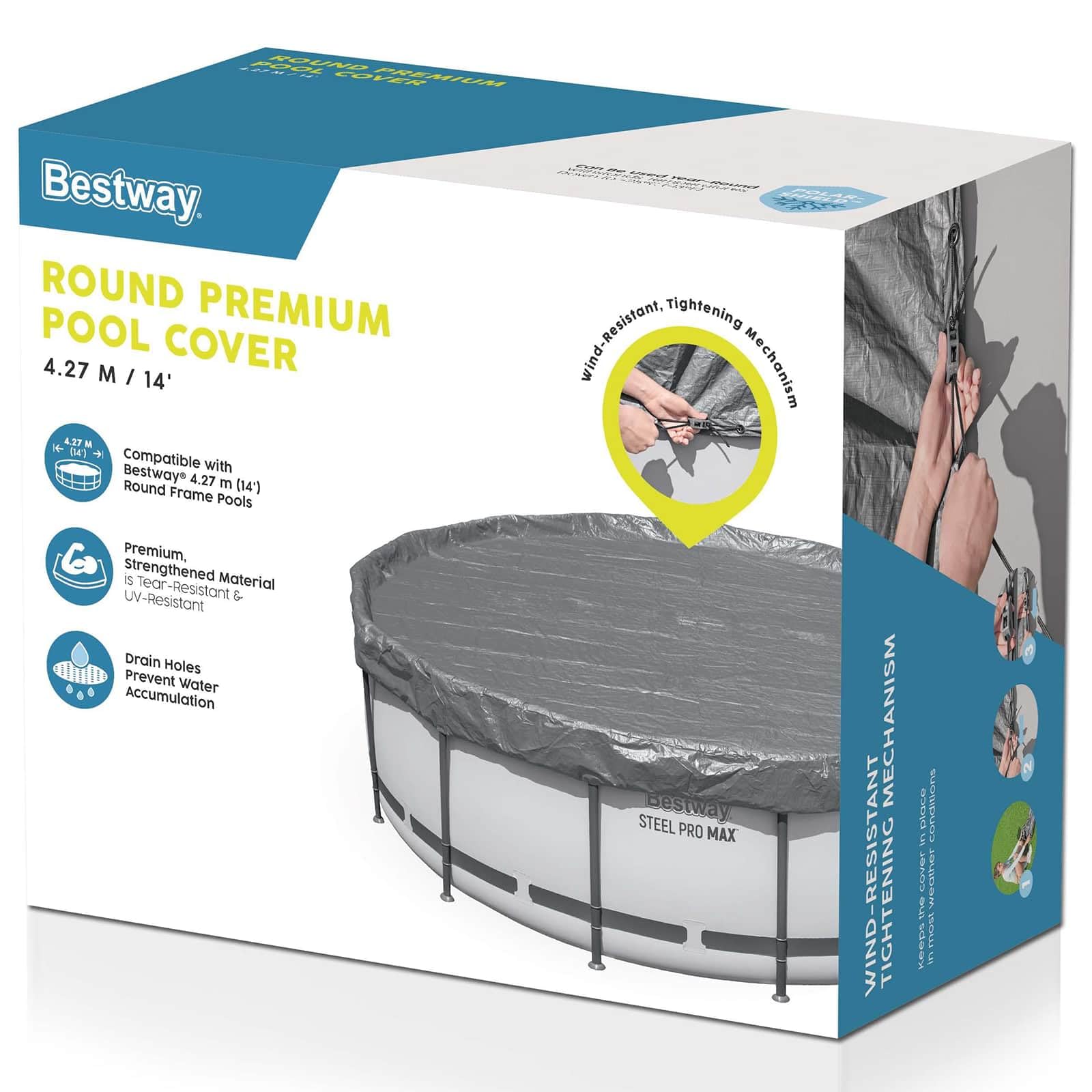 Couverture de Piscine Ronde 4,57 m en Polyester Gris avec Sangles, Trous de Drainage, Protection hivernage pour Piscine Hors Sol, antipoussière, Durable et Facile à Ranger