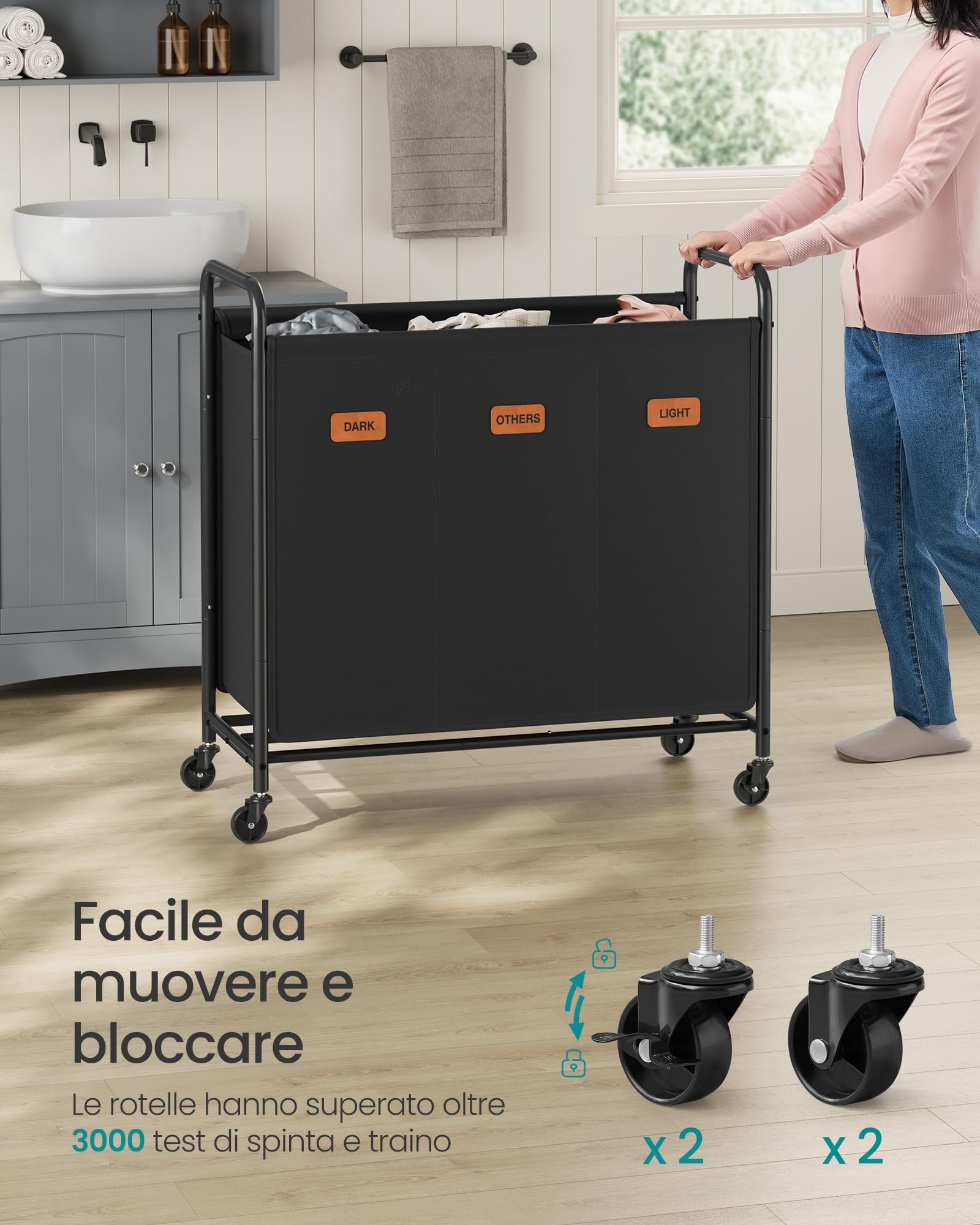 SONGMICS Carrello Portabiancheria, a 3 Scomparti, 170 L, con 5 Etichette | Cesto Porta Biancheria, per Lavanderia, Camera da Letto, Bagno, Nero Inchiostro, Collezione STEVIE RLS330B01