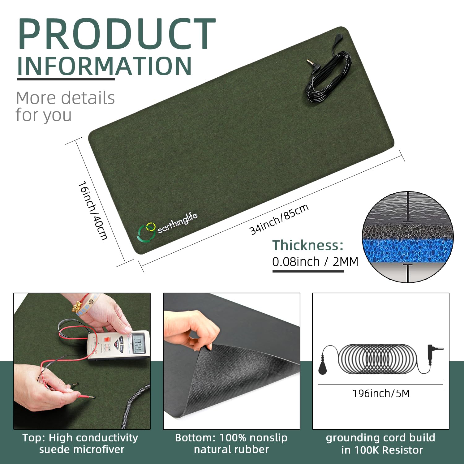 Grounding Mat High Conductivity Microfiver Suede for Foot Bed Computer 40 x 85 cm Earthing Universal Pad Therapy Better Sleep, Riduce lo stress, Improve Balance, Flessity, Green40 x 85 cm
