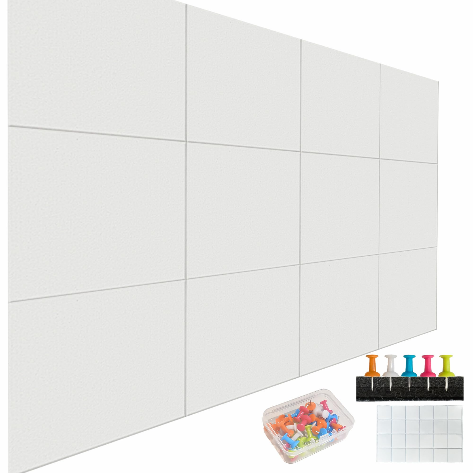 12 Piezas Corcho Pared Autoadhesivo 30x30 cm, Tablero de Corcho Fieltro para Oficina Casa, Tablón de Anuncios con Chinchetas y Piezas de Montaje (Blanco)