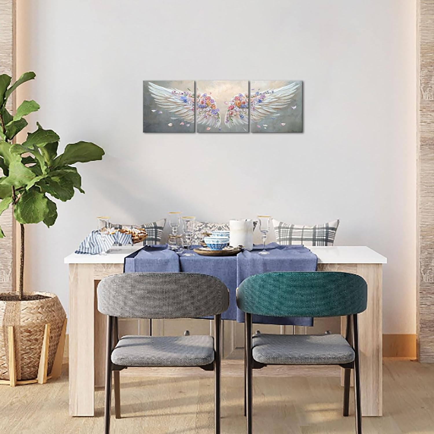 VANSEEING 3 Pieces Angel Wings Flower Wall Art Canvas Prints Floral Painting Pictures Aesthetic Grey Artwork Angel Wings Wall Decor for Bedroom Living Room Office Home 12x12inchx3