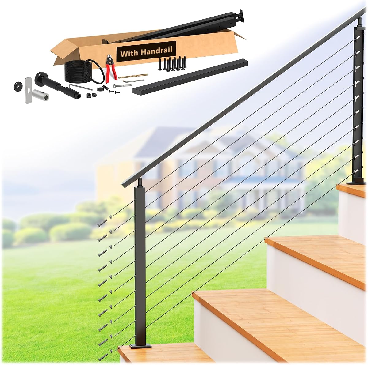 2-4FT Modular 36" Swageless Cable Railing System with Handrail | All-in-one, 33° Drilled Post for 28-38° Step, Pre-Cut 1/10" Cable Railing Kit, Handrail Cuttable, T304 Stainless Steel, Black