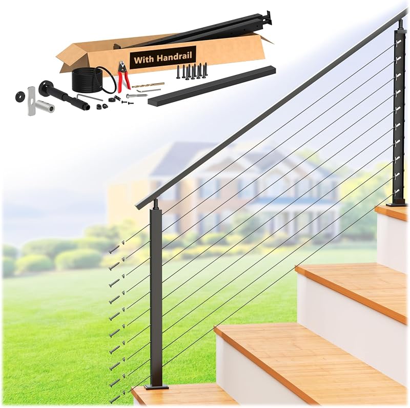 2-4FT Modular 36" Swageless Cable Railing System with Handrail | All-in-one, 33° Drilled Post for 28-38° Step, Pre-Cut 1/10" Cable Railing Kit, Handrail Cuttable, T304 Stainless Steel, Black