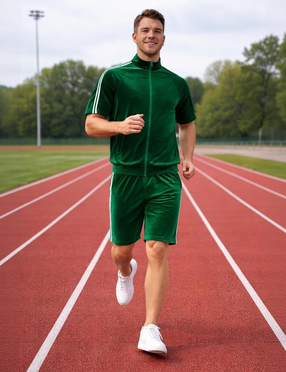 Velour Tracksuit Mens 2 Piece Set Casual Short Sleeve Sweatsuit Outfits Zip Up Velvet Jacket Pants Set - Image 6