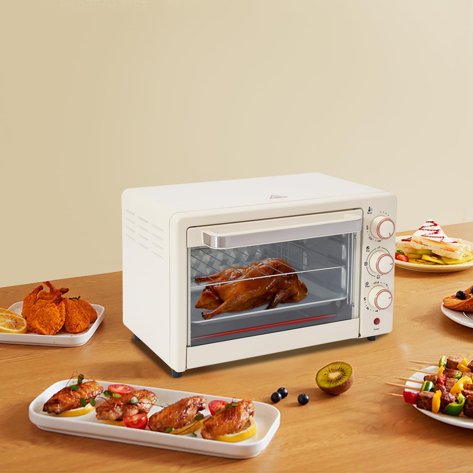 Forno elettrico da 22 l, 1000 W, mini forno da tavolo con timer da 60 minuti e regolazione della temperatura 120-250 °C, griglia e teglia per pizza e torte, bianco
