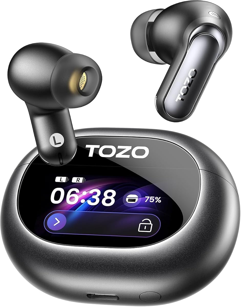 TOZO NC20 Pro Active Noise Cancelling Wireless Earbuds, Smart LCD Screen | LDAC Hi-Res Audio, Stereo Bass, 6 Mics AI Call Ear Buds, 80H Playtime, IPX8 Waterproof, 32 EQ via App Wireless Charging Black