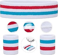 Vista 43 de ONUPGO - Conjunto de diadema y muñequeras deportivas para el sudor, hechas de algodón con bucles, muñequeras, contra humedad Rojo/Blanco/Azul