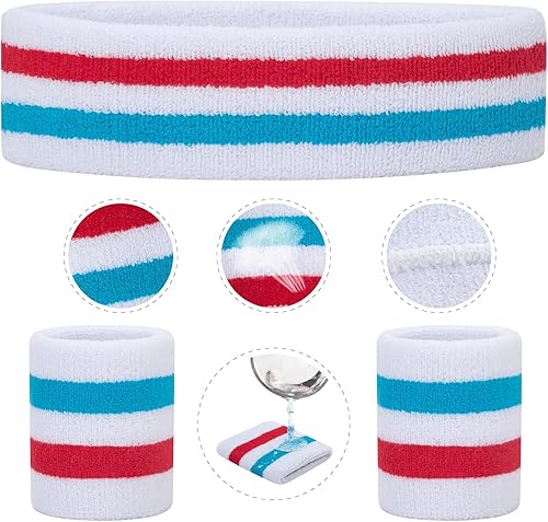 Miniatura 43 de ONUPGO - Conjunto de diadema y muñequeras deportivas para el sudor, hechas de algodón con bucles, muñequeras, contra humedad Rojo/Blanco/Azul