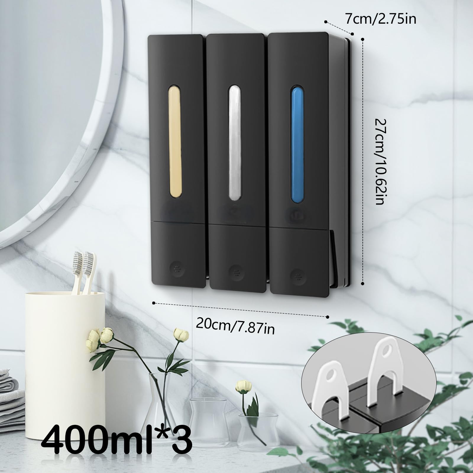Dispenser Di Sapone, 3 Scomparti Dispenser Di Sapone Per Doccia Dispenser Di Shampoo Di Detersivo Per Piatti Montaggio A Parete Senza Fori Grande Capacità Per Cucina Bagno Hotel - 400ML*3