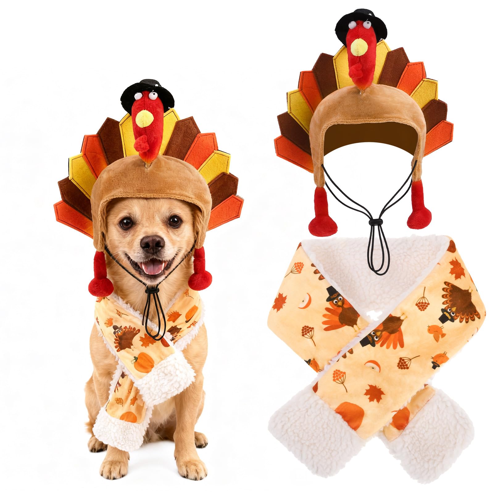 expawlorer thanksgiving dog turkey costume 2 pcs set, pet holiday headband hat & scarf winter collar bandanas for small medium large dogs puppy cat party cosplay outfit pumpkin accessory s