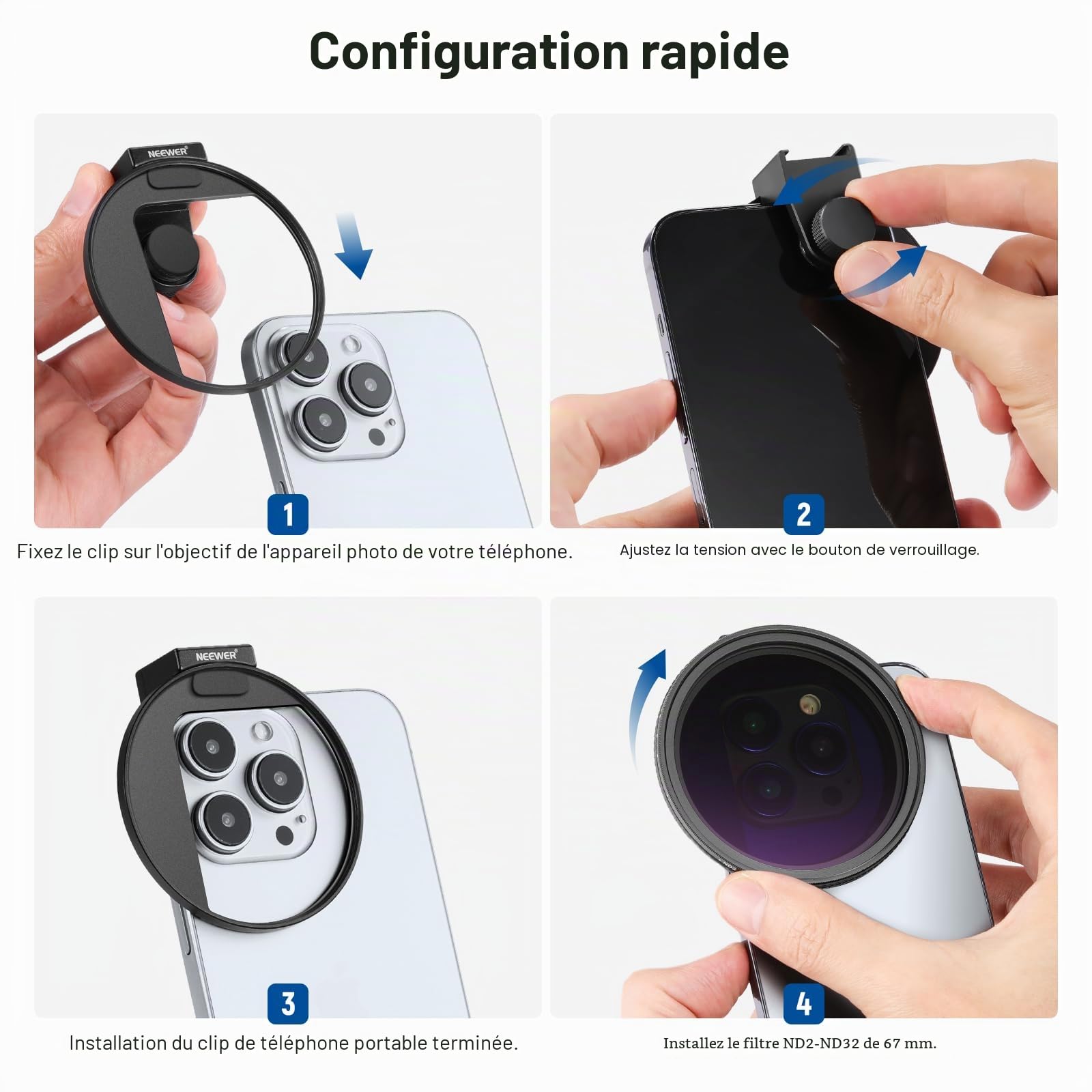 Neewer Kit de Filtre d'objectif de téléphone à Clipser Variable ND2-ND32 de 67 mm, Clip de téléphone avec Anneau Adaptateur fileté/Griffe/Bouton de Verrouillage, Filtre ND Variable HD pour iPhone 15