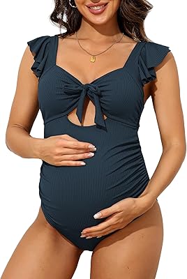 Charmo Ruffle Maternity Bathing Suits for Women Ribbed Tie Knot Maternity Swimsuit Cutout Ruched Pregnancy Swimwear